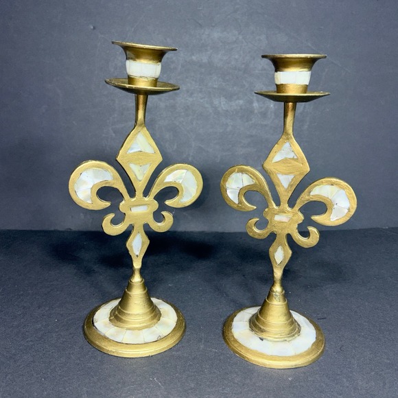 Vtg Brass Fleur de Lis Candlestick Holders Mother of Pearl Inlay Pair 9.5in - Picture 1 of 16